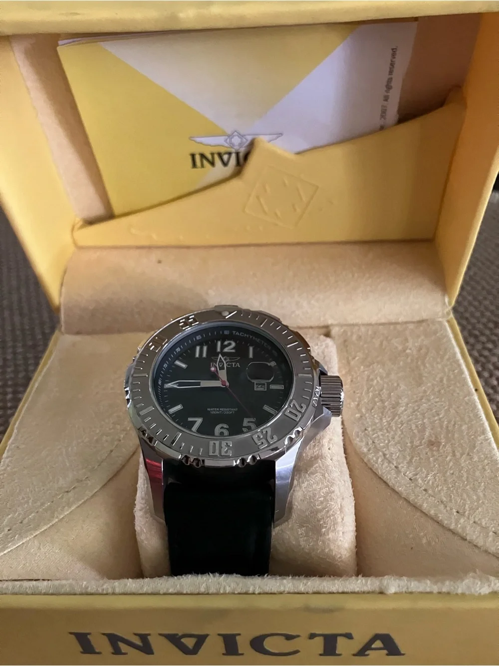 Invicta Men's Silver Case Black Dial Watch with Red Sweep